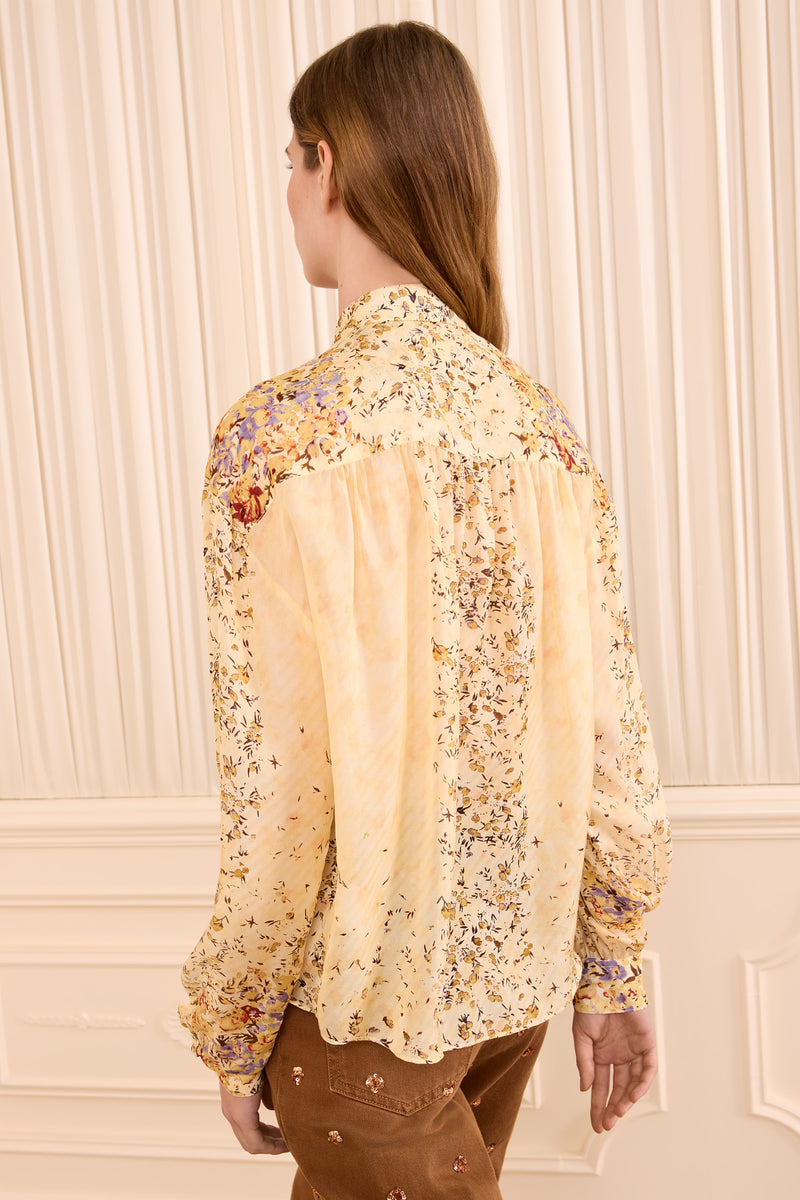 Gesture Long Sleeve Silk Blouse - Forsythia Floral Jacquard Button