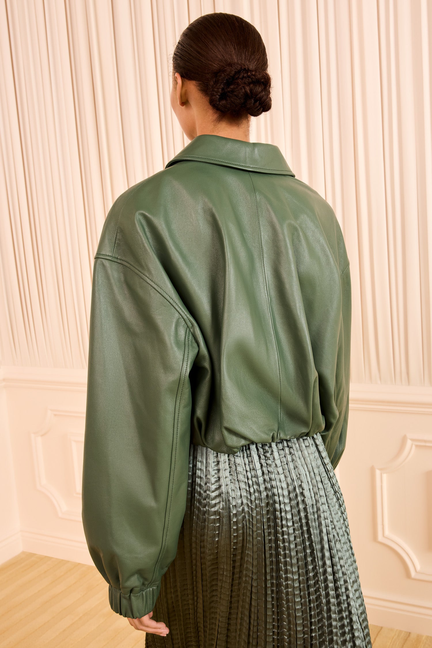 Ulla Johnson Serpentine Green Designer Cropped Leather Jacket - Back View On Model | Ulla Johnson