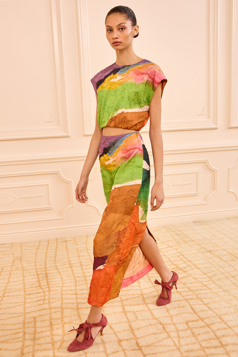 Gisella Satin Crop Top - Nature Abhors A Vacuum Multicolored Round