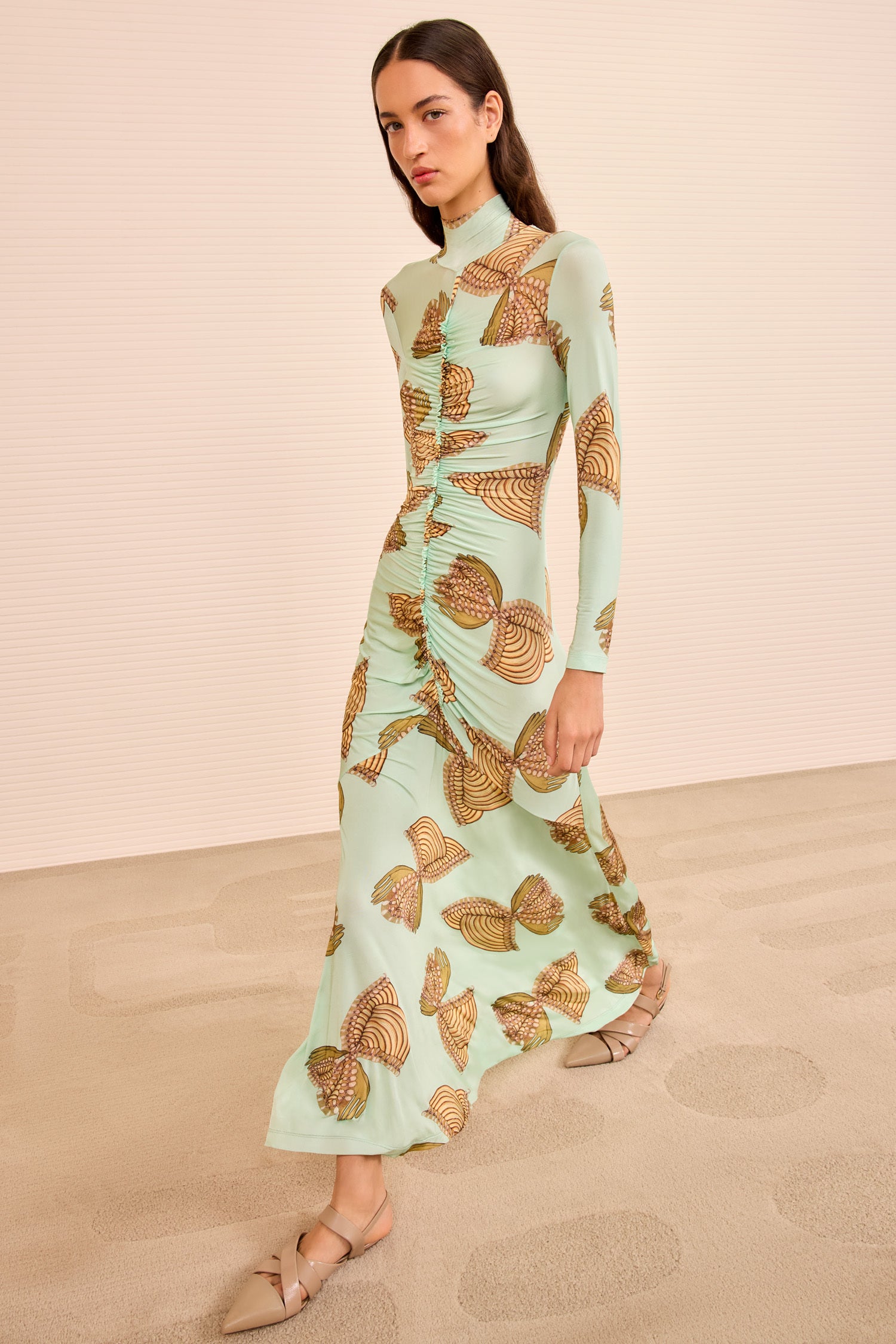 Ida LS Ruched Turtleneck Dress - Water Blossoms