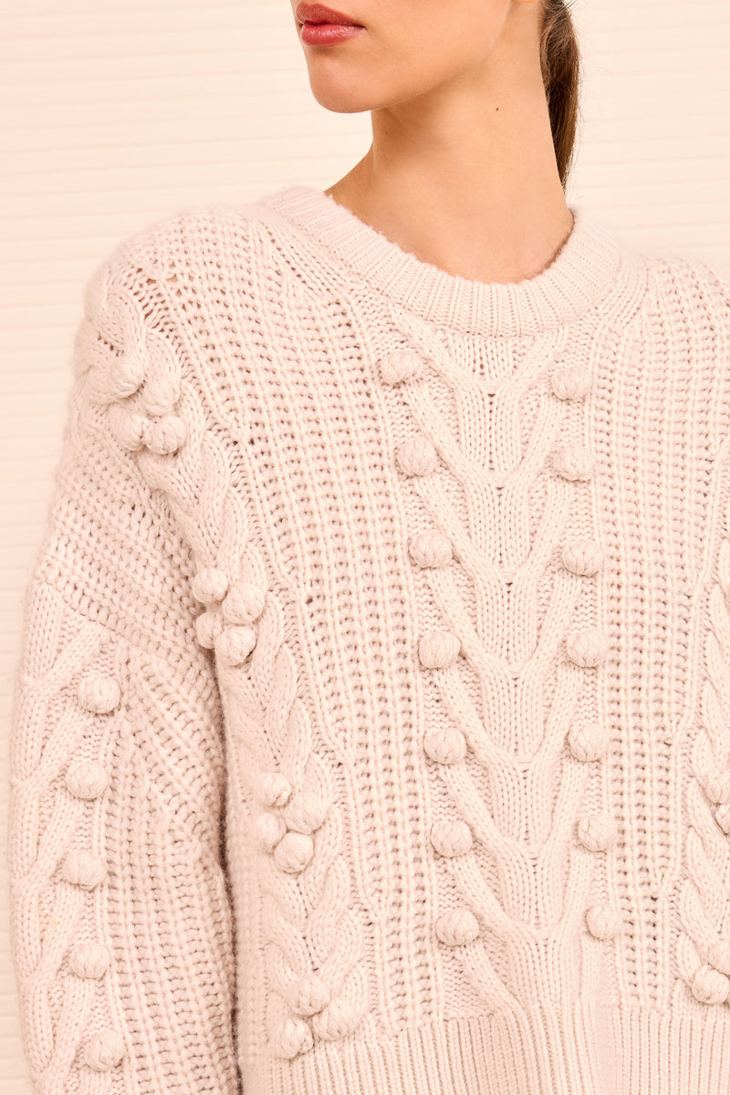 Indra Cable Knit Pullover - Alabaster White Wool and Cashmere