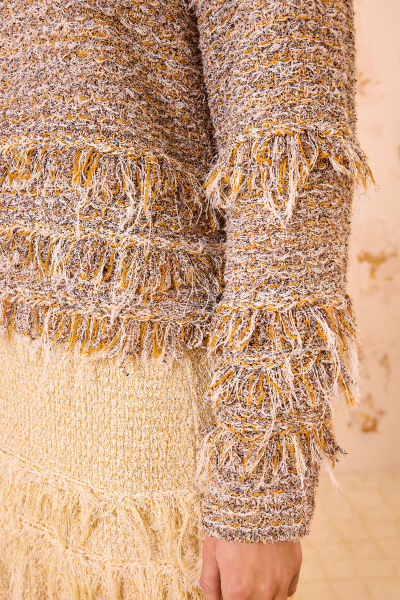 Jael Knit Tweed Long Sleeve Pullover - Helios Fringed Knitwear