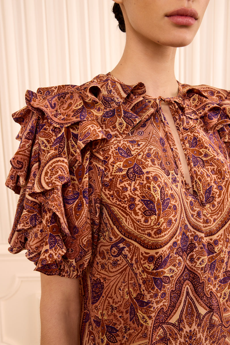 Josephine Short Sleeve Silk Top - Rosette Tie-Neck Ruffle-Cuff Top