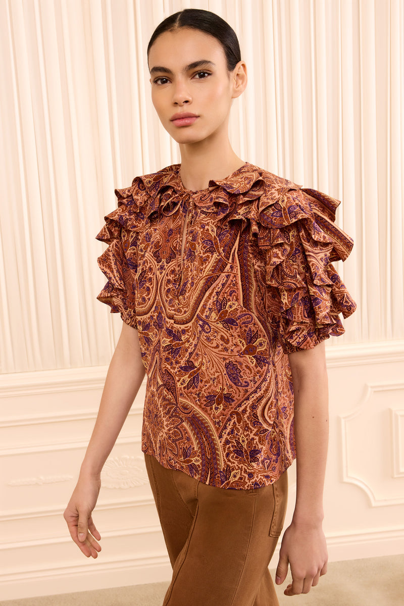 Josephine Short Sleeve Silk Top - Rosette Tie-Neck Ruffle-Cuff Top