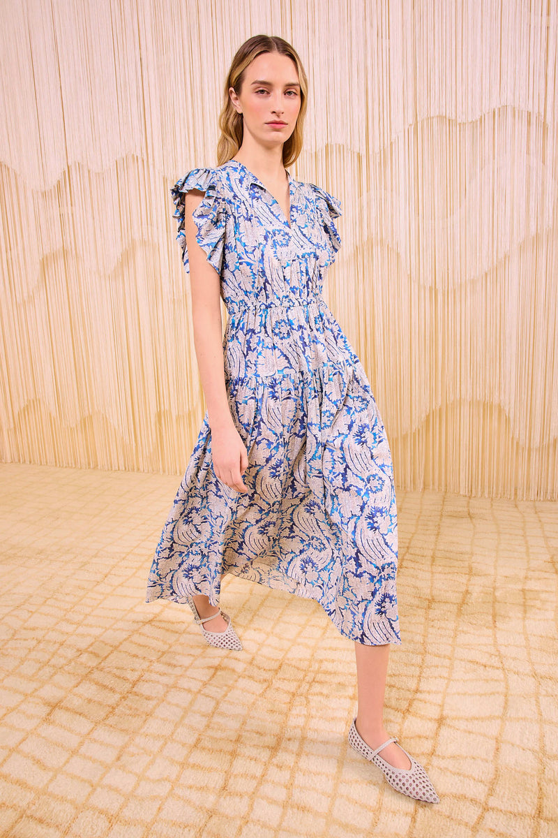Kairi Flutter Sleeve Midi Dress Ciel Blue Floral Botanical Midi