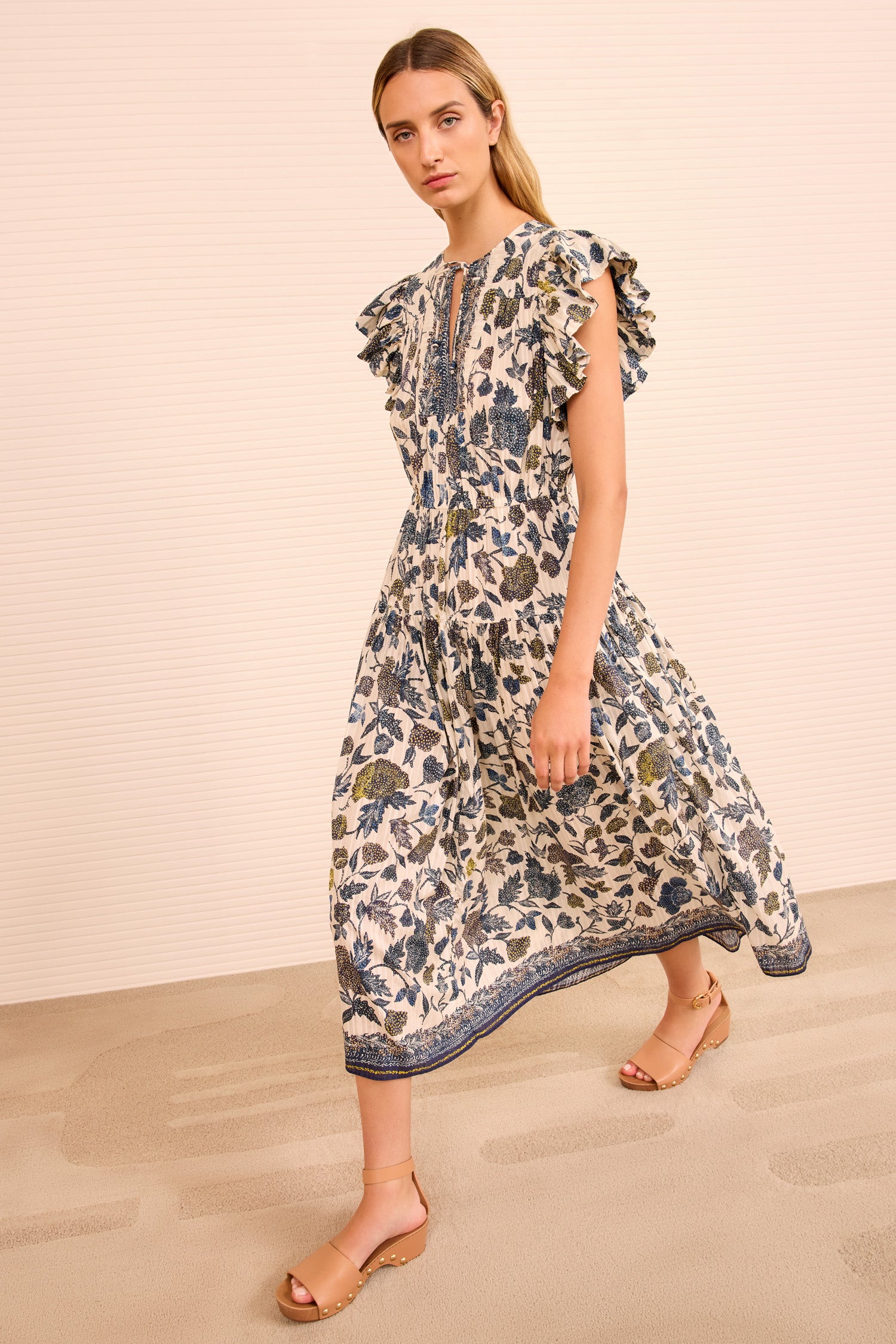 Kairi Flutter Sleeve Midi Dress - Porcelain