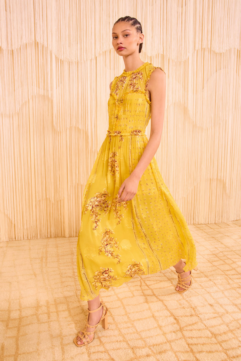 Kasia Sleeveless Dress Soleil Golden Yellow Chiffon Botanical