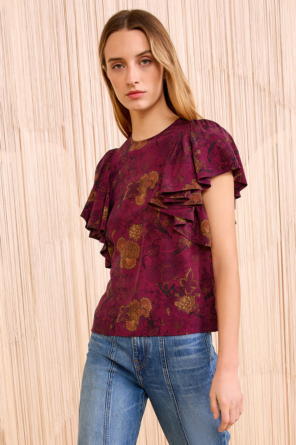 Lena Silk Flutter Sleeve Blouse - Peony