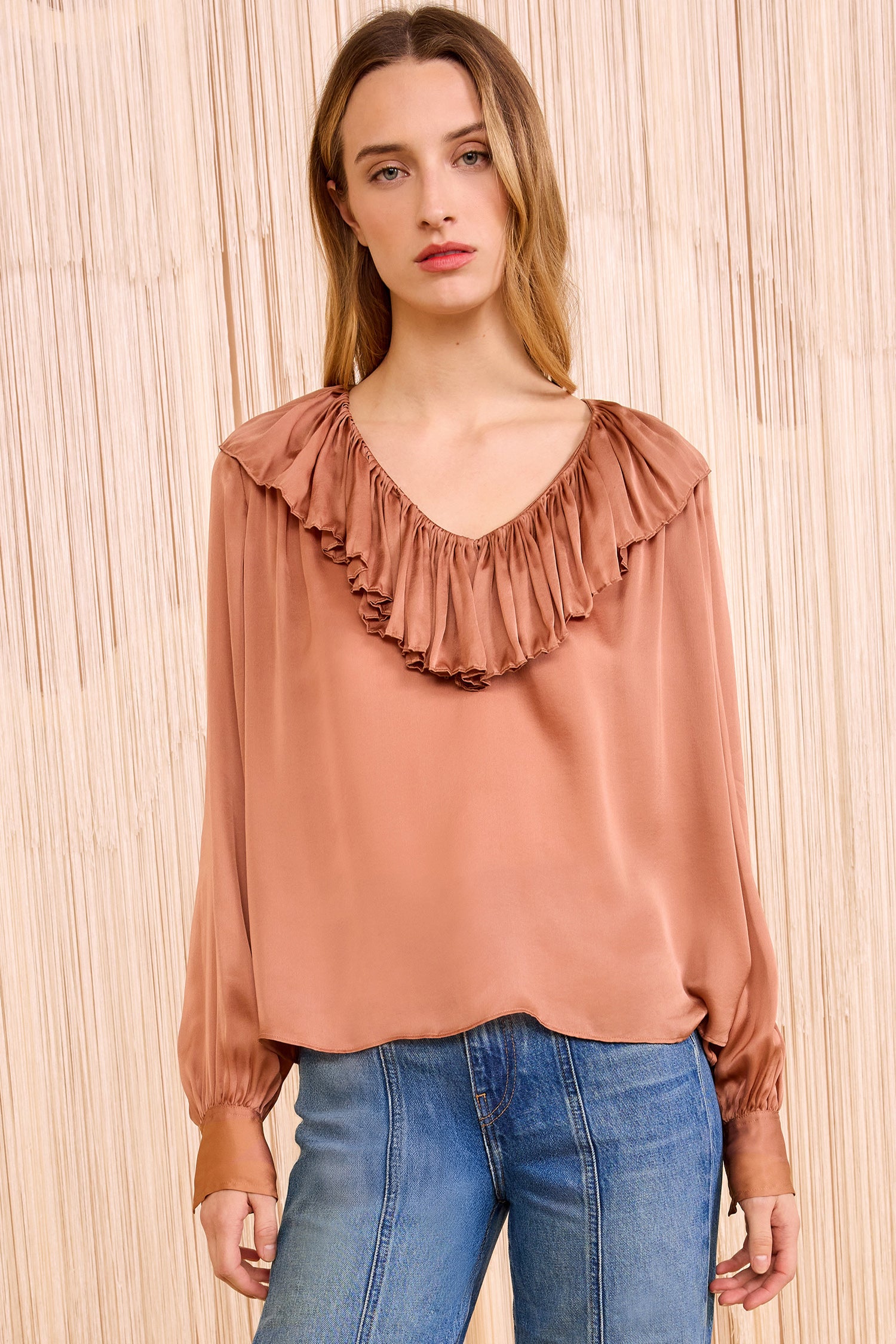 Liese Silk Ruffle Neckline Long Sleeve Blouse - Desert Rose