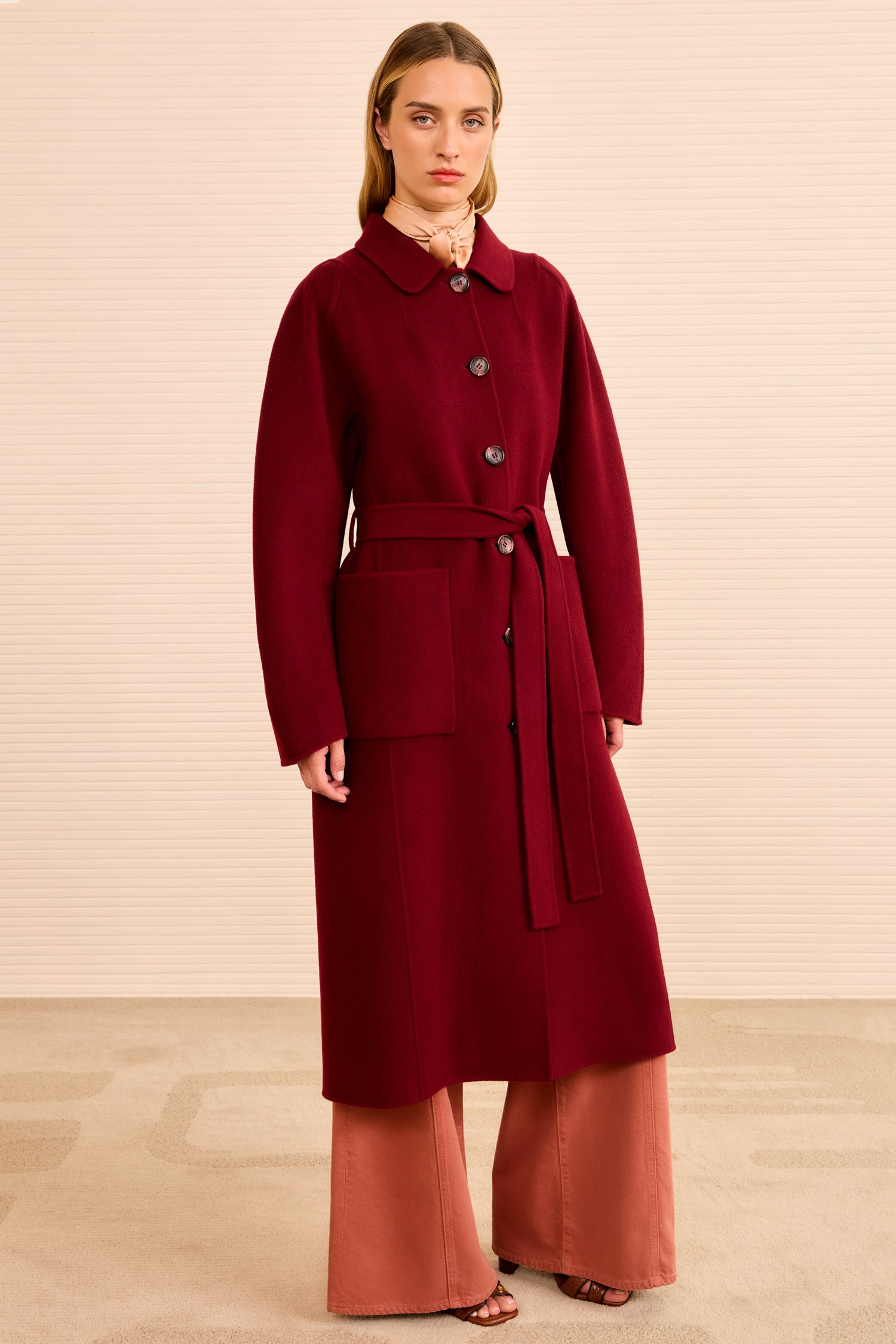 Lisbeth Long Wool Coat With Belt - Claret