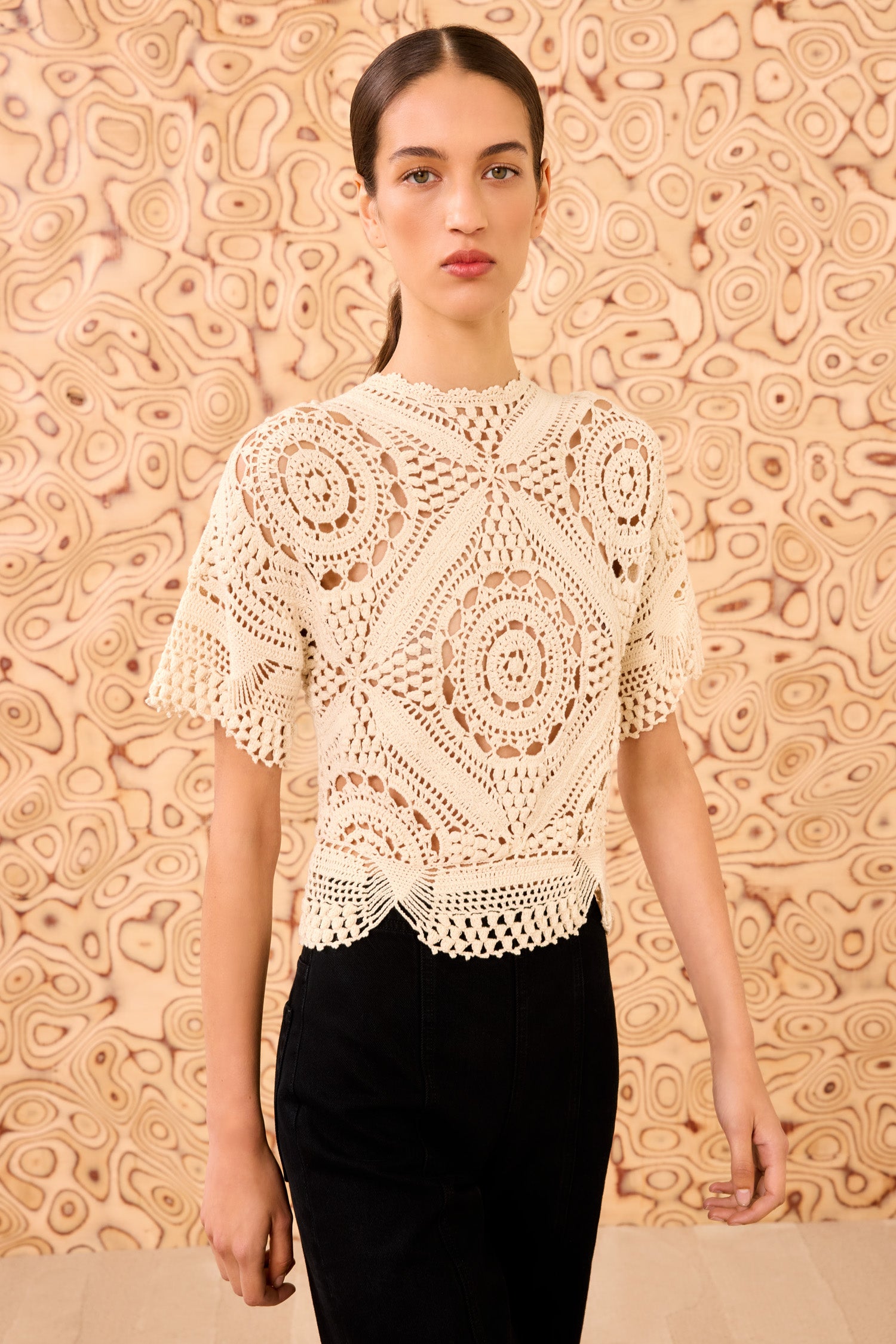 Maddalena Short Sleeve Hand Crochet Top - Cowrie