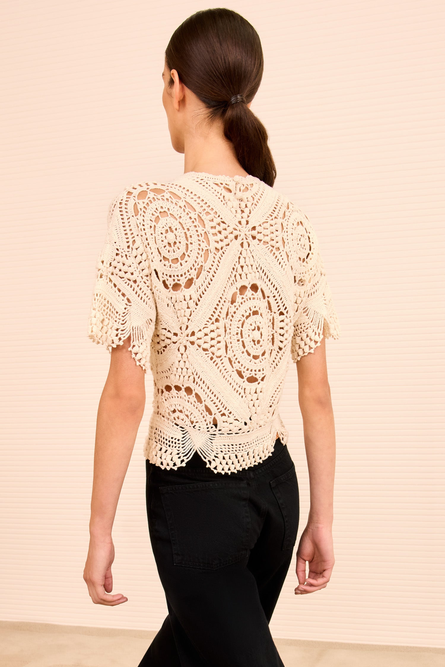 Maddalena Short Sleeve Hand Crochet Top - Cowrie