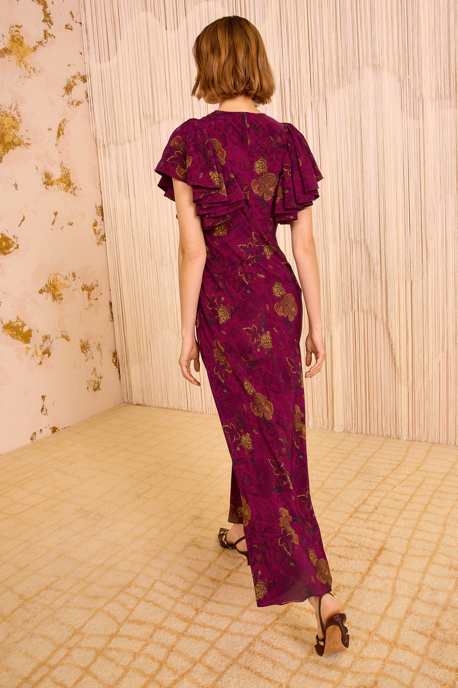 Mariam Silk Bias Cut Flutter Sleeve Dress - Peony