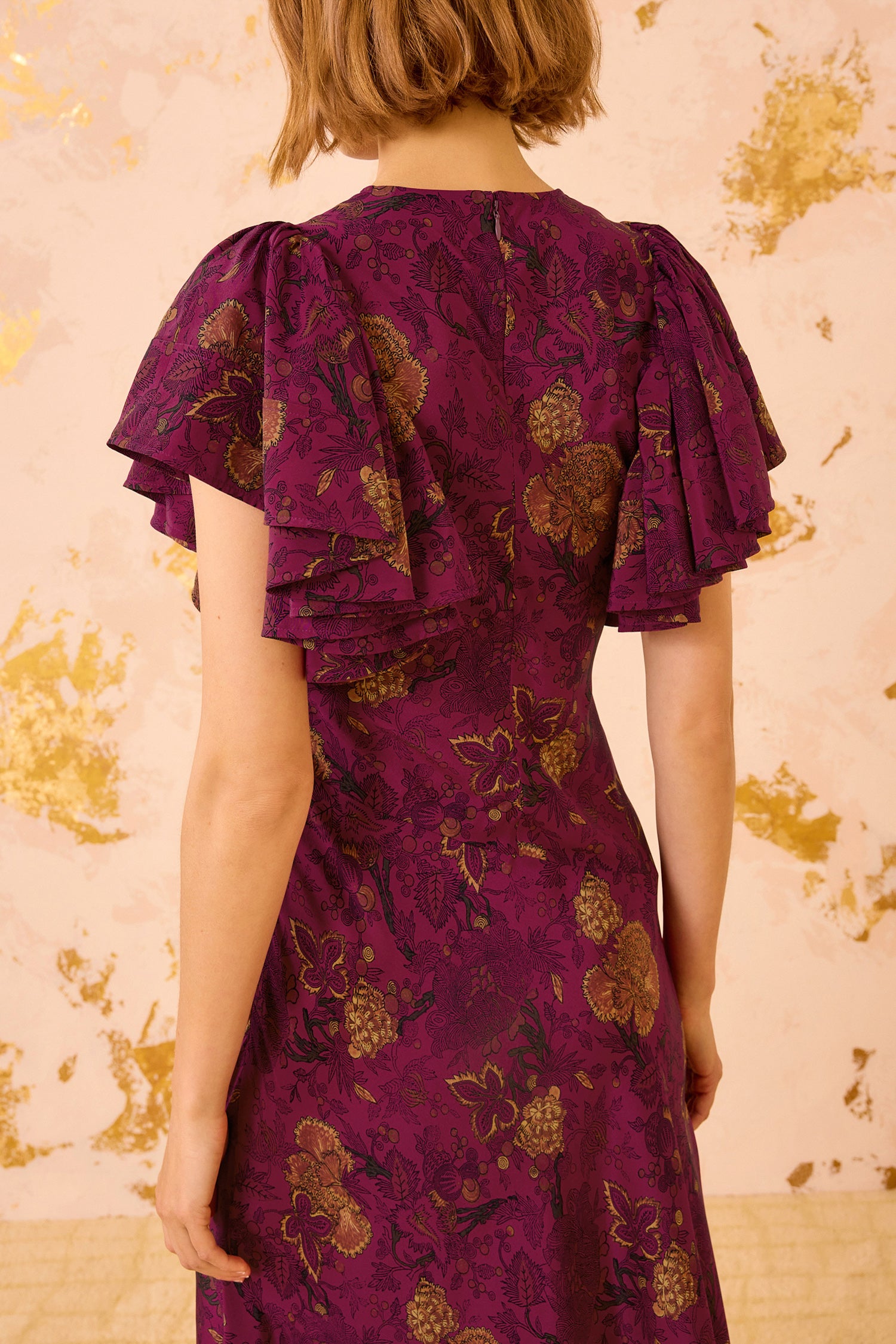 Mariam Silk Bias Cut Flutter Sleeve Dress - Peony