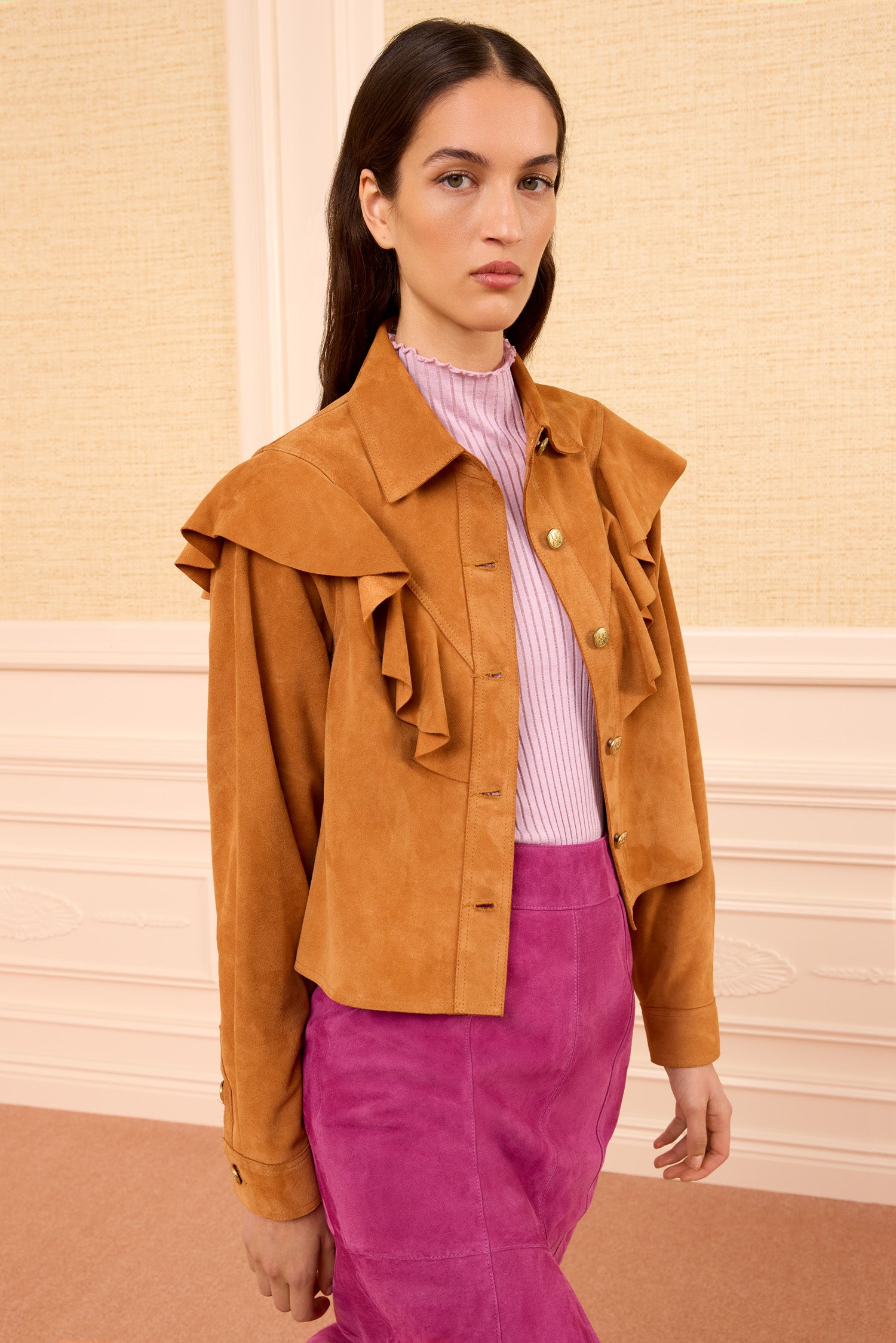 Matilde Ruffle Suede Jacket - Cognac