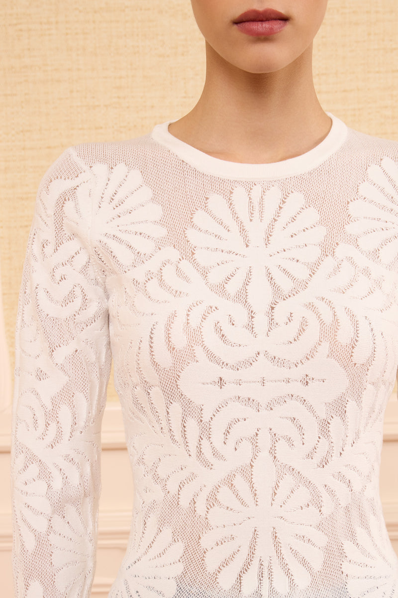 Myra Pullover - Cowrie White Jacquard Long Sleeve Top - Ulla Johnson