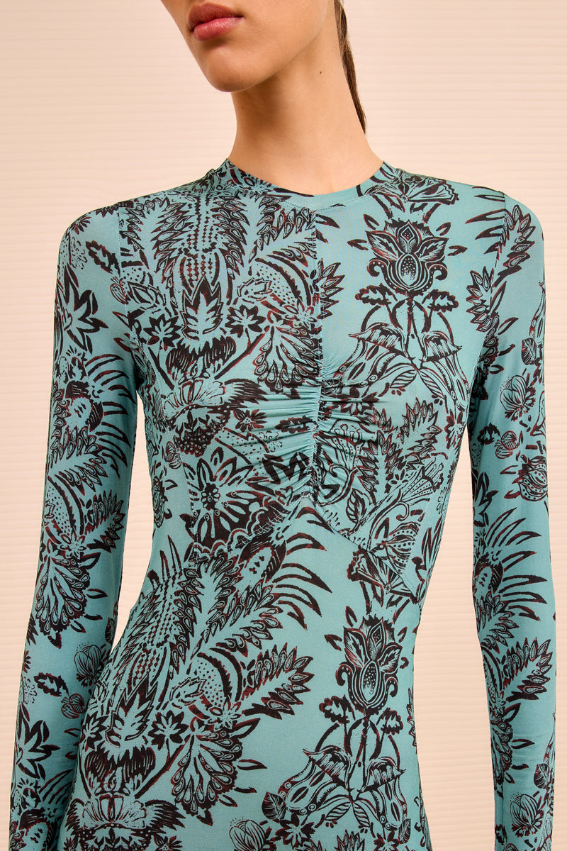 Ulla Johnson | Women's Naia Long Sleeve Ruched in Blue/brown - Size Medium Ulla Johnson | Women's Naia Long Sleeve Ruched in Blue/brown - Size Medium