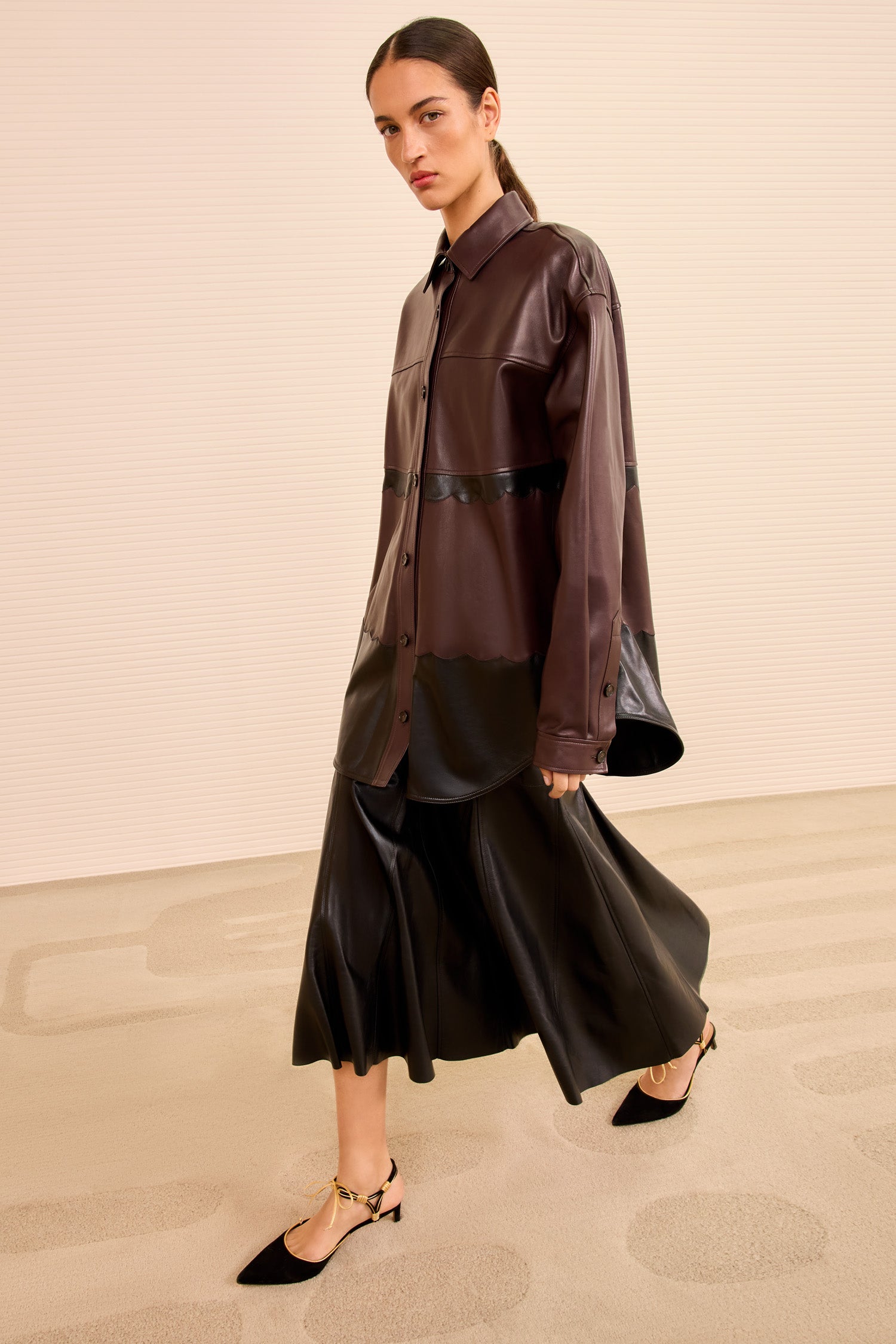 Neveah Cropped Leather Jacket - Mahogany Colorblock