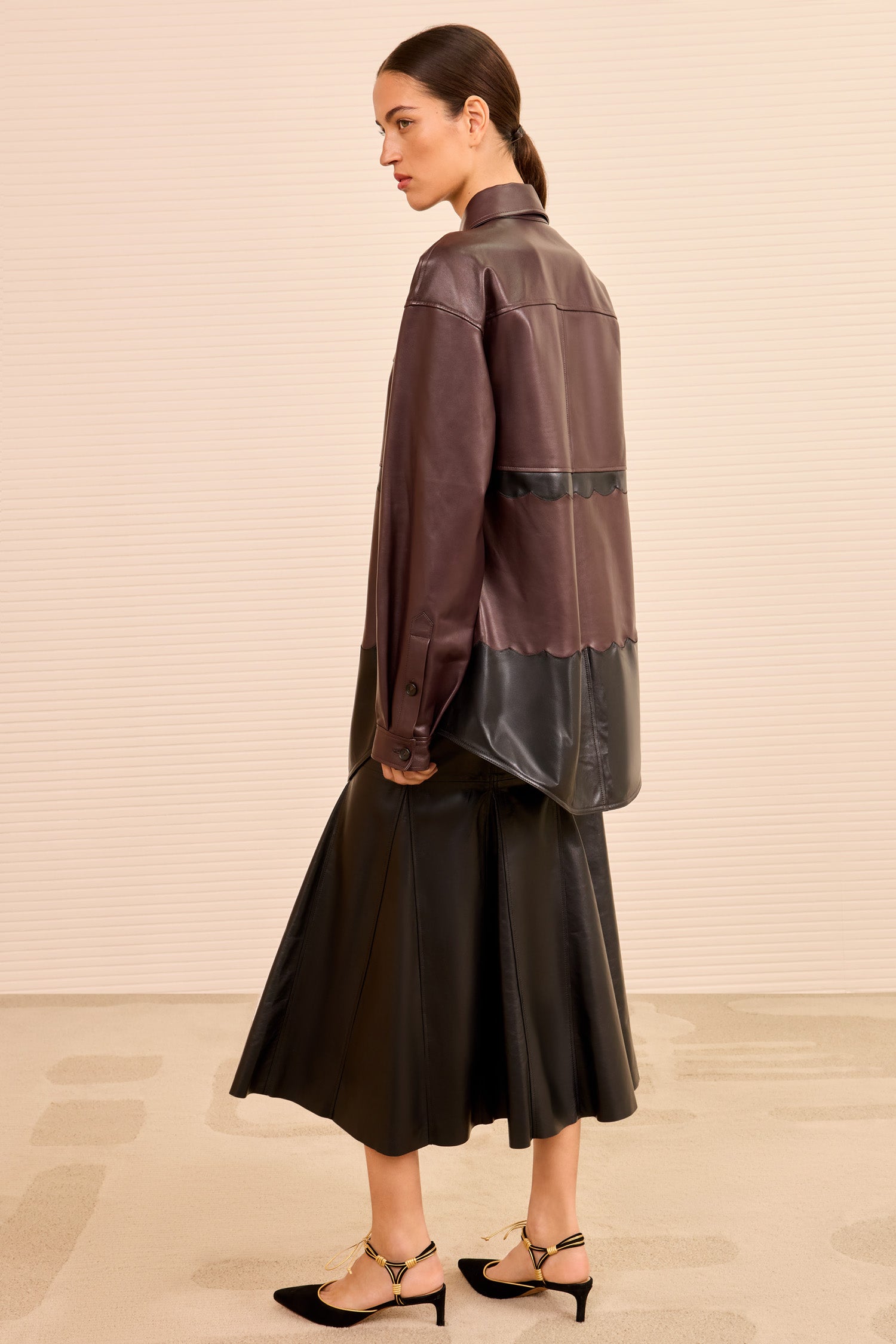 Neveah Cropped Leather Jacket - Mahogany Colorblock