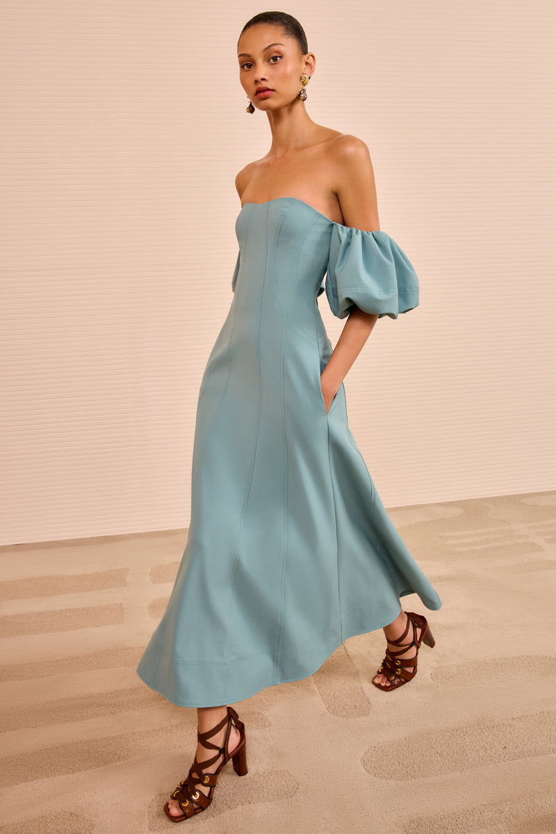 off the shoulder midi dress uk Ulla Johnson Nina Off-the-Shoulder Twill Gabardine Dress
