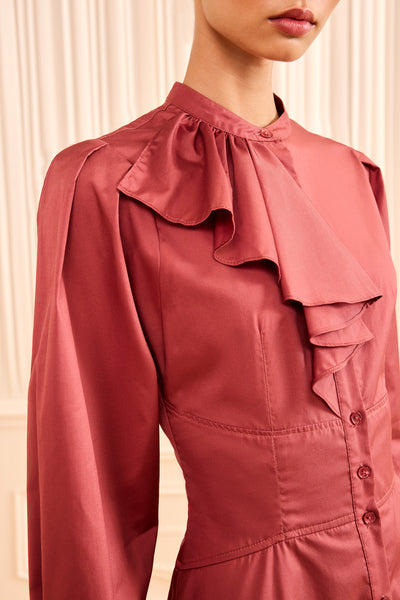 Mahogany Cotton Dress - Ruffle Bib and Bow Collar Close-Up Detail | Ulla Johnson