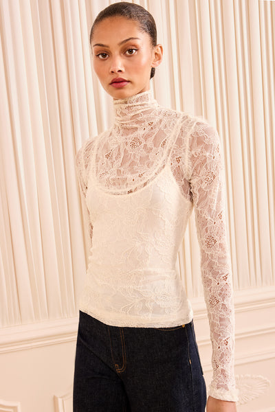 Cowrie Ivory Chantilly Lace Turtleneck Top - Front View On Model | Ulla Johnson