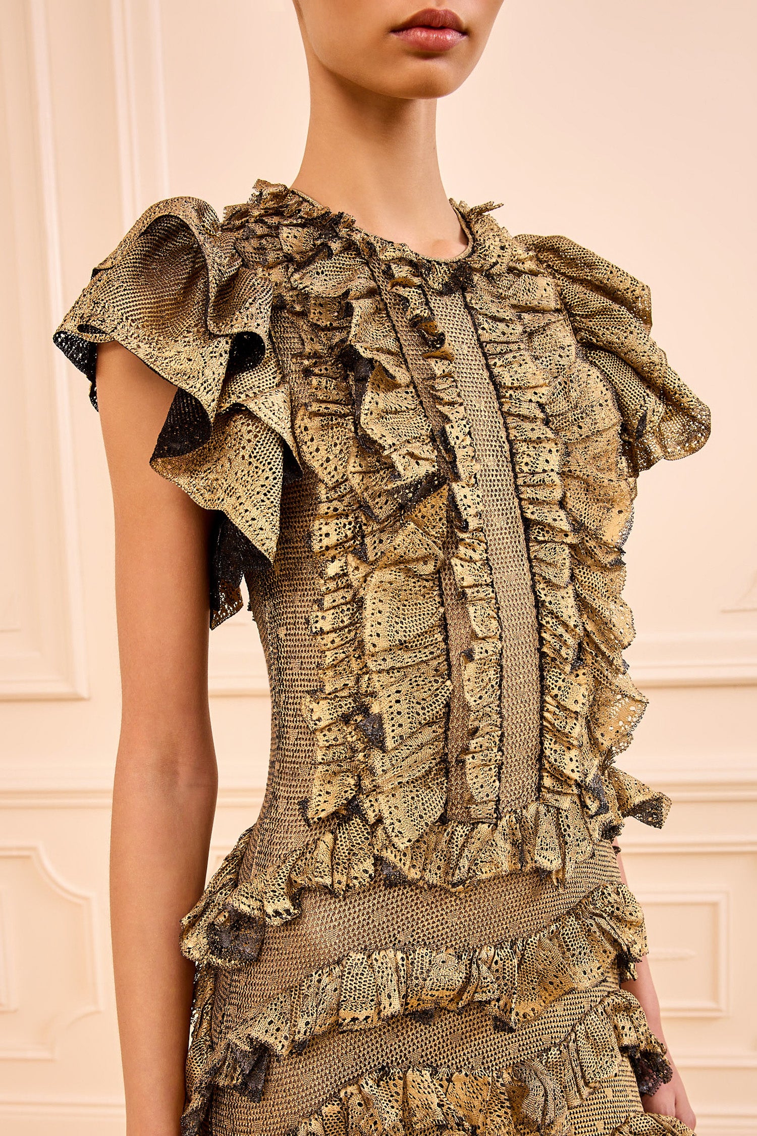 Ondine Ruffle Midi Dress - Gold Foil