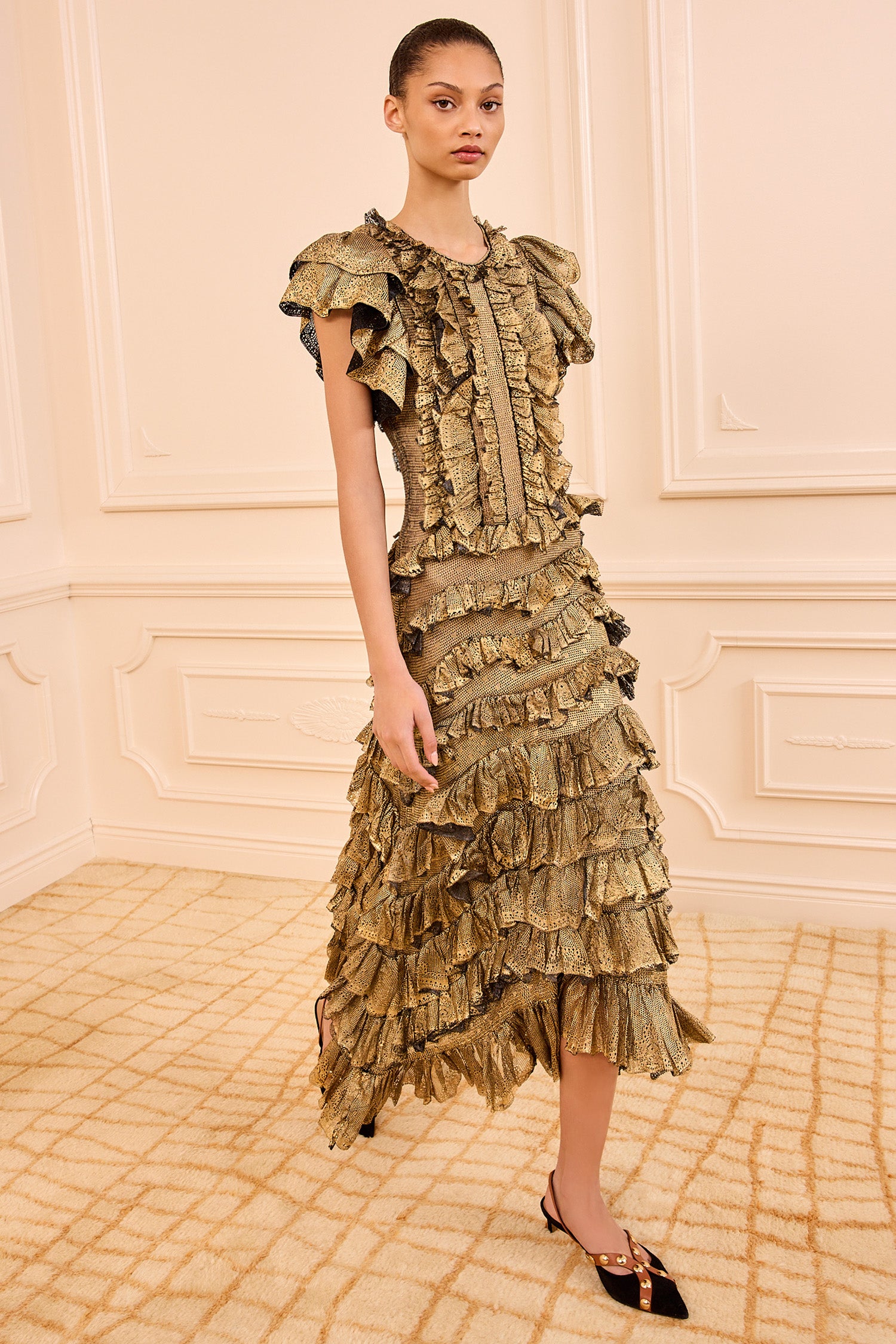 Ulla Johnson Ondine Ruffle Midi Dress - Gold Foil