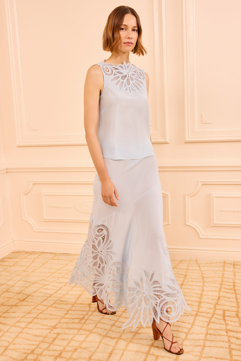 Oona Lace Applique Skirt - Adriatic Light Blue Silk Midi Skirt
