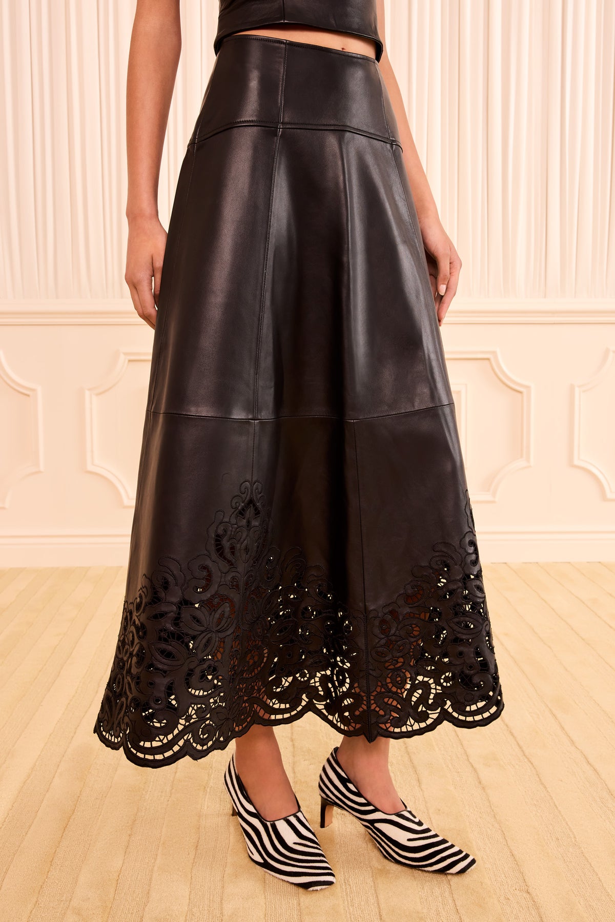 Noir Leather Maxi Skirt - Lace Cutwork Hem Detail, On Model | Ulla Johnson