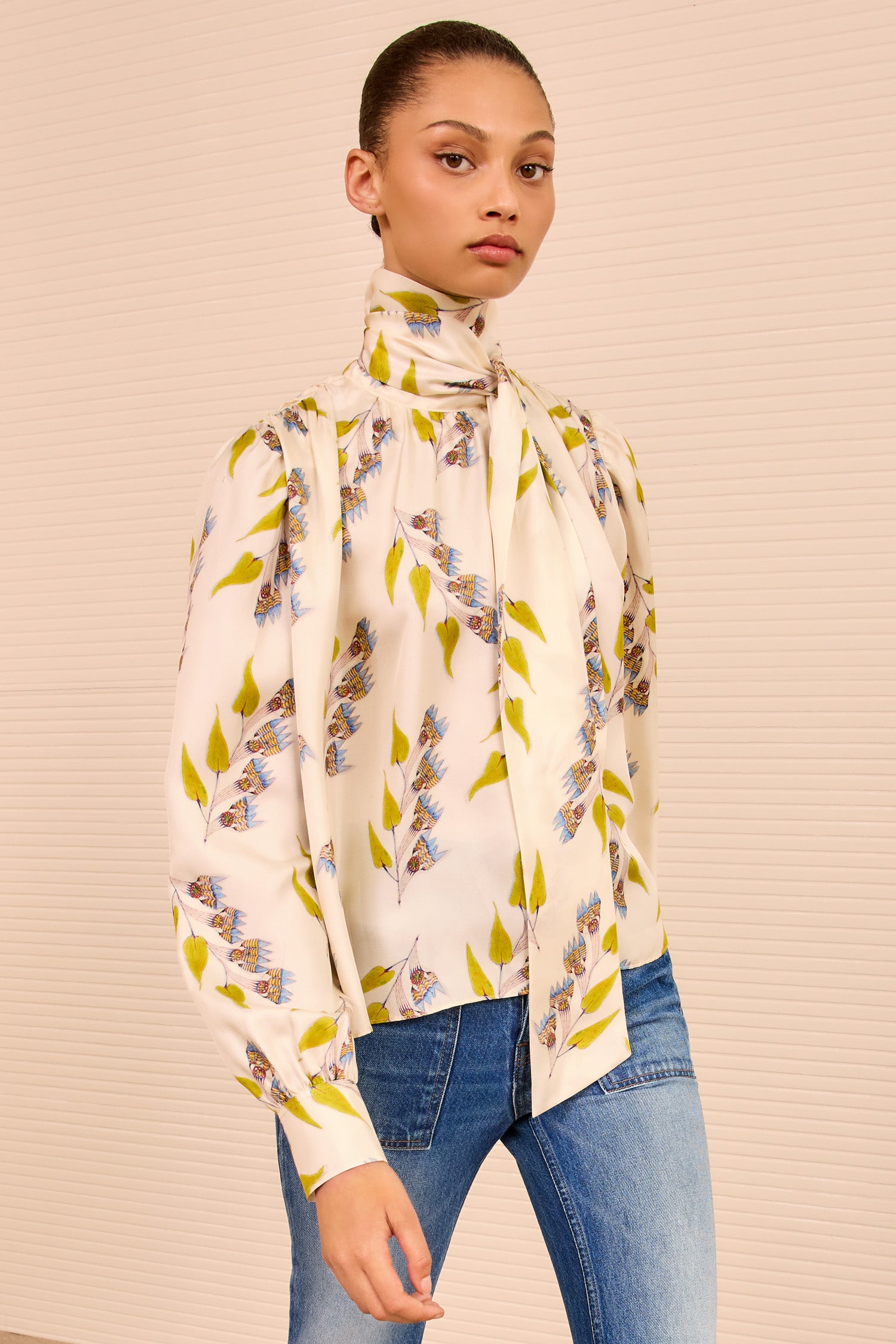 Ornament Tie Neck Blouse - Infinite Flower