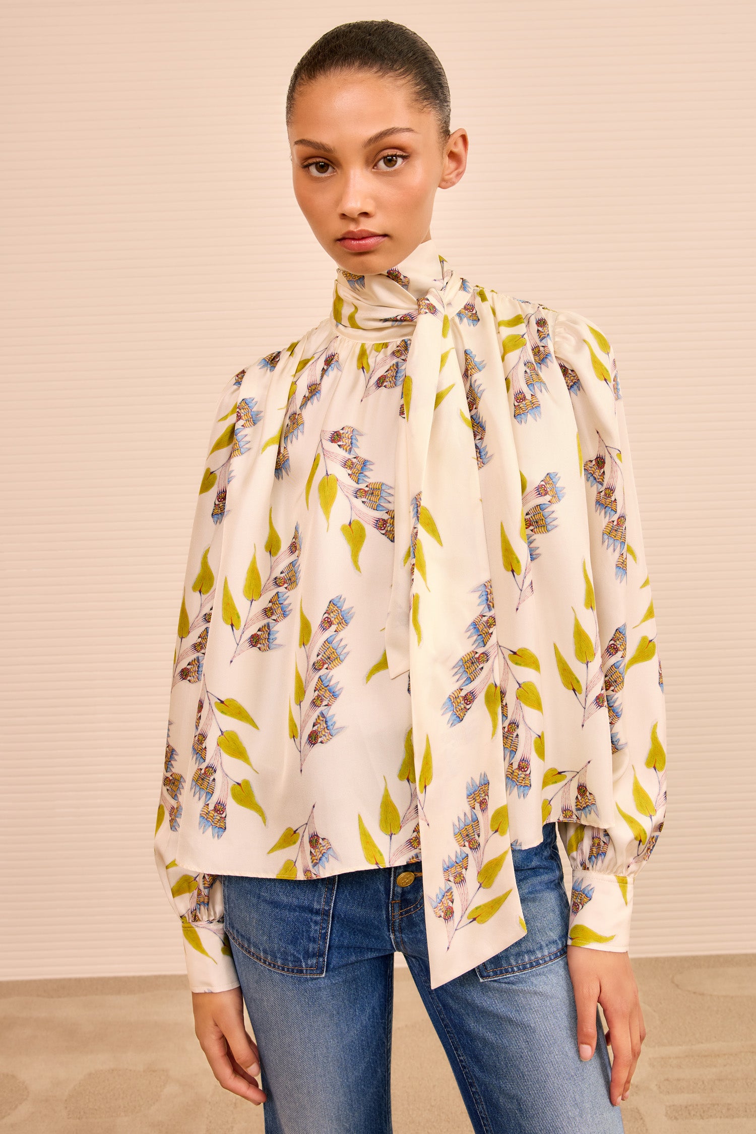 Ornament Tie Neck Blouse - Infinite Flower
