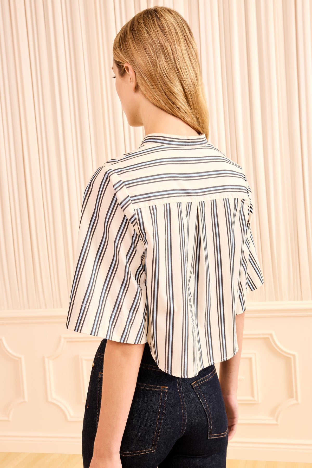 Ecru Stripe Cotton Poplin Blouse - Back View On Model | Ulla Johnson