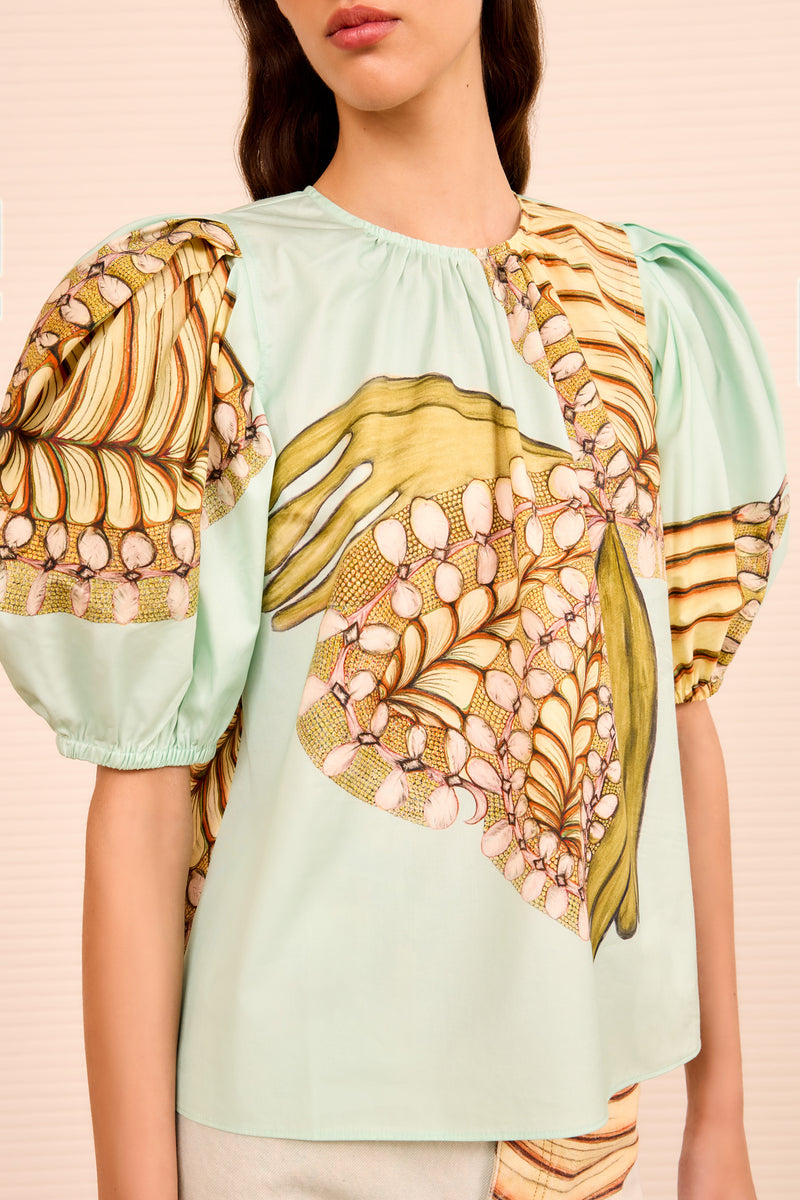 Ravena Puff Sleeve Top - Water Blossoms Floral Print Cotton Short