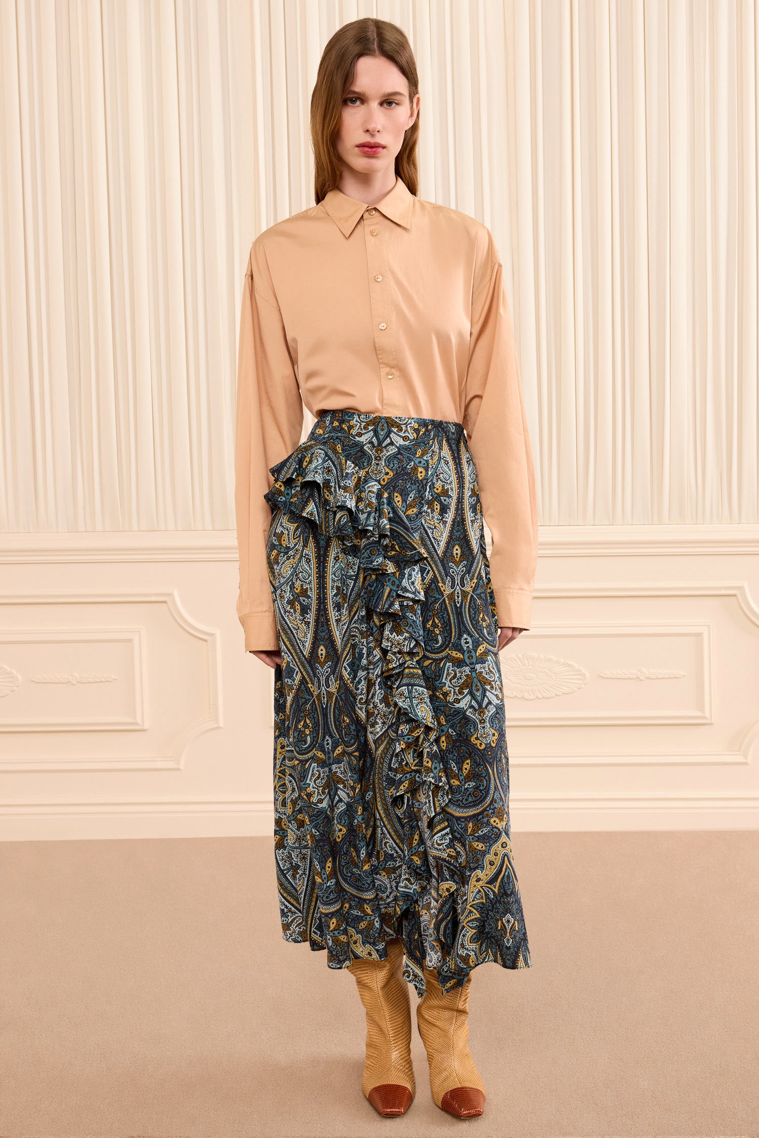 Riele Cascading Ruffle Silk Skirt - Prussian