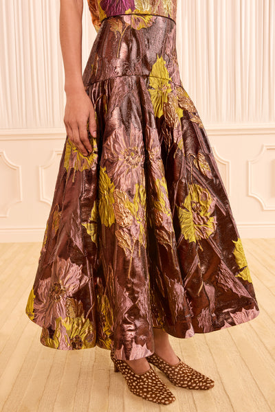 Jupe midi évasée en jacquard Lurex Metalrose - Gros plan sur jupe plissée | Ulla Johnson