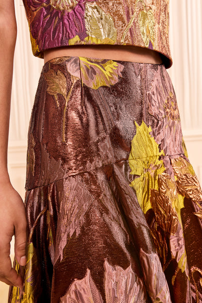 Jupe midi évasée en jacquard Lurex Metalrose - Gros plan sur détail taille basse | Ulla Johnson