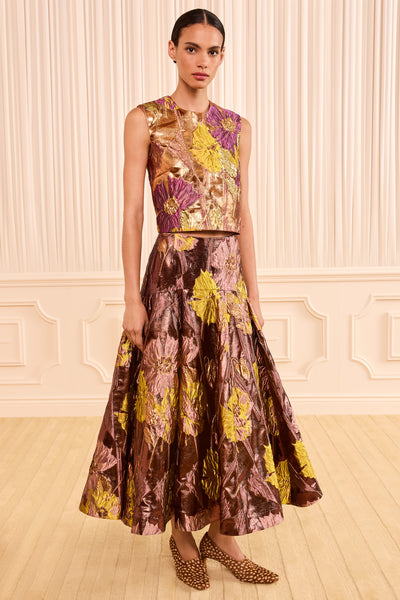Jupe midi évasée en jacquard Lurex floral Metalrose - Vue de face alternative sur mannequin | Ulla Johnson