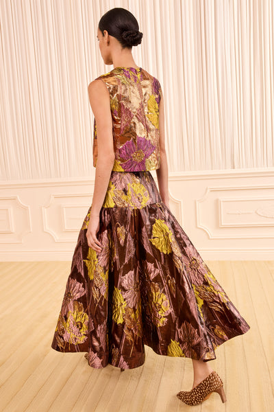 Jupe midi évasée en jacquard Lurex Metalrose - Vue de dos sur mannequin | Ulla Johnson