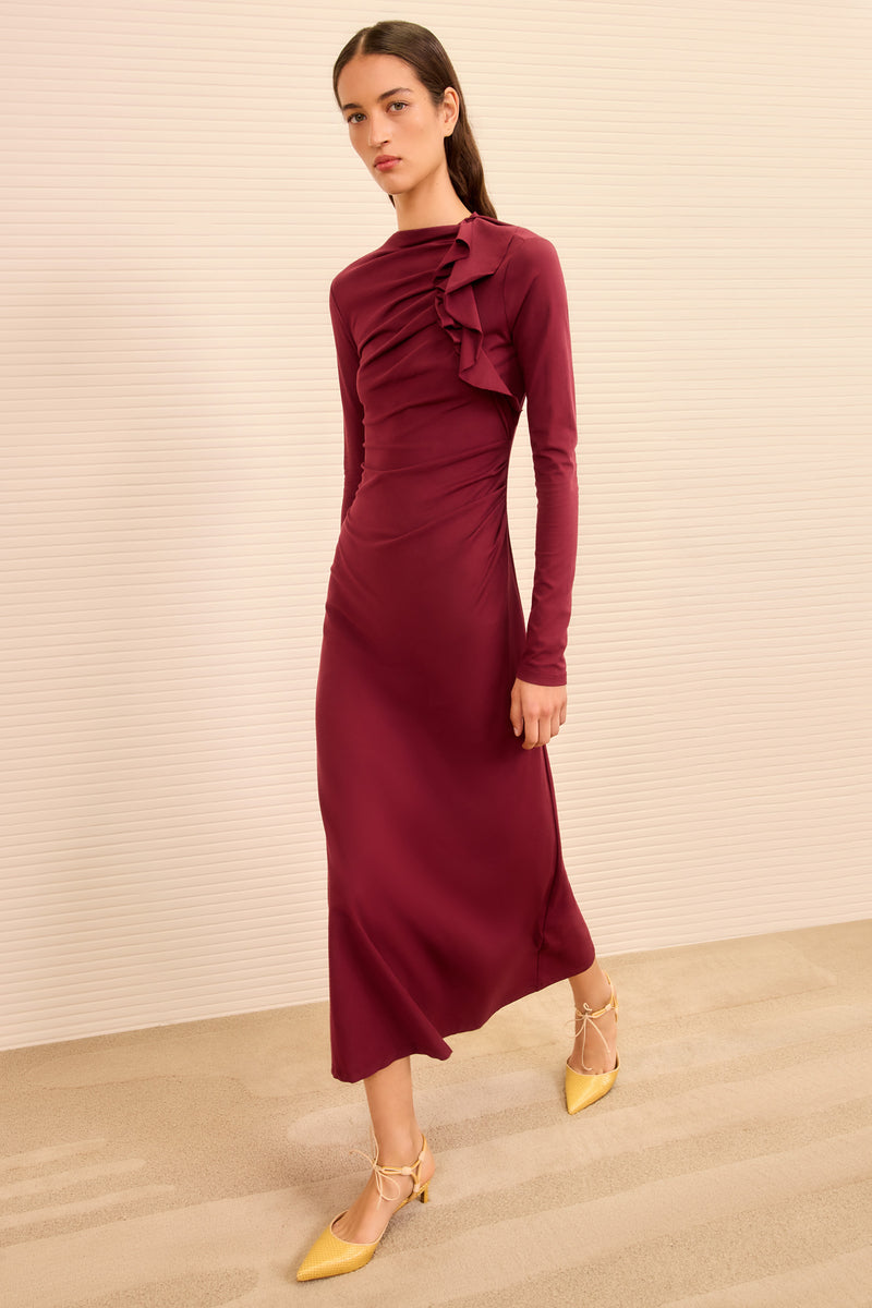 Safi Long Sleeve Dress - Claret Red Cotton Ruffle Midi Dress
