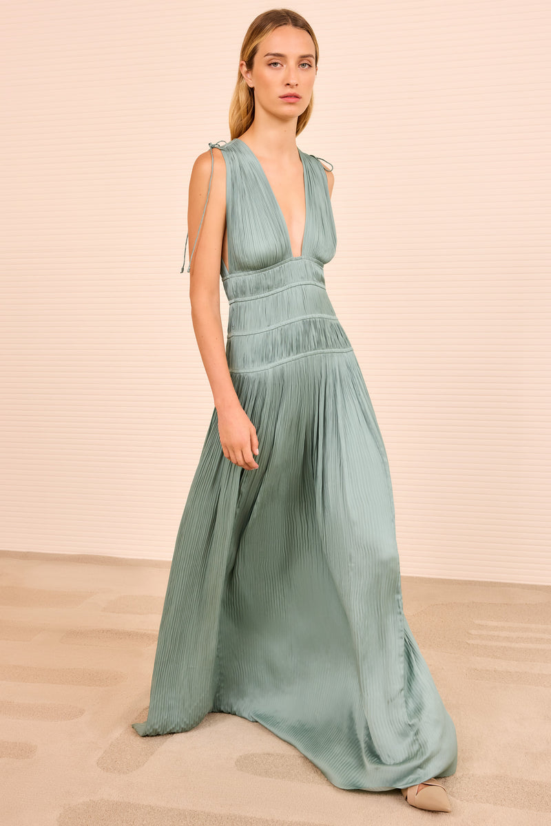 sea glass green dress Ulla Johnson Tasneem Pleated Deep-V Satin Gown, Glass, Women's, 8 Size:Pre-order 9-10 wedding dress satin density chiffon Charlize Gatsby Dress -