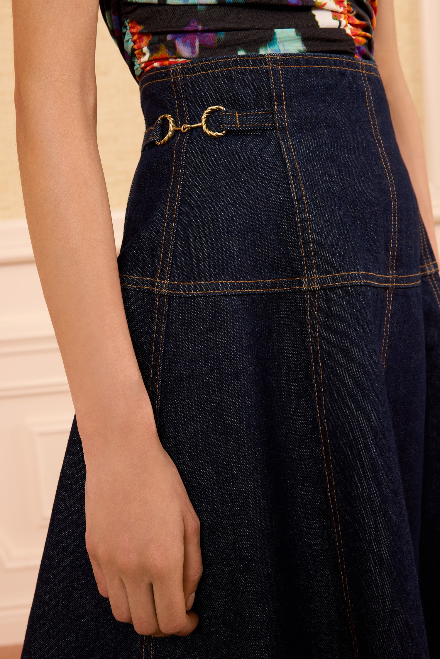 Ulla Johnson Brigette Designer Denim Midi Skirt Tigris - Twisted Brass Hardware Waist Detail | Ulla Johnson