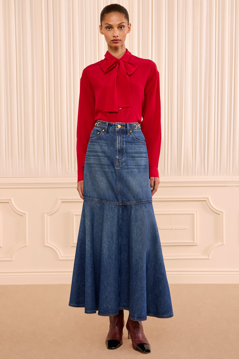 The Madelyn Denim Skirt - Nile A-Line Midi Denim Skirt - Ulla Johnson