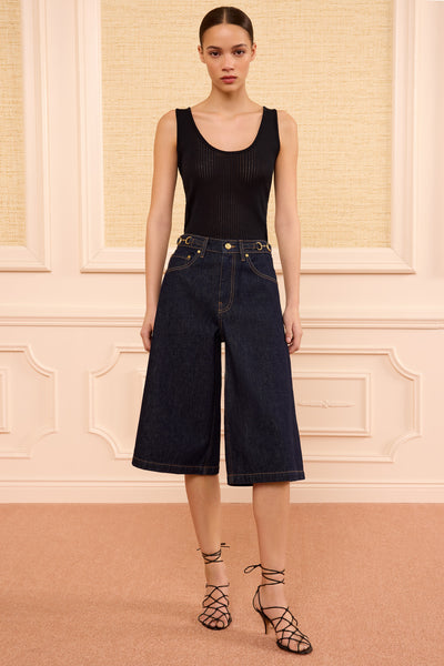 Tigris Dark Wash Designer Denim Culotte - On Model Front View, Elevated Denim | Ulla Johnson