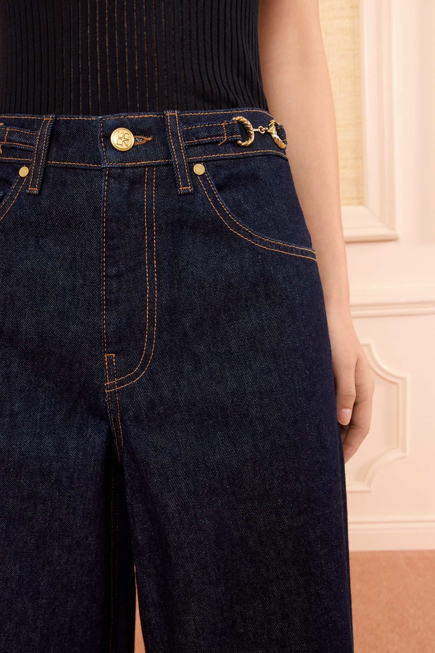 Ulla Johnson Tigris Denim Culotte - Waistband Close-Up, Gold Horsebit Hardware & Logo Button | Ulla Johnson