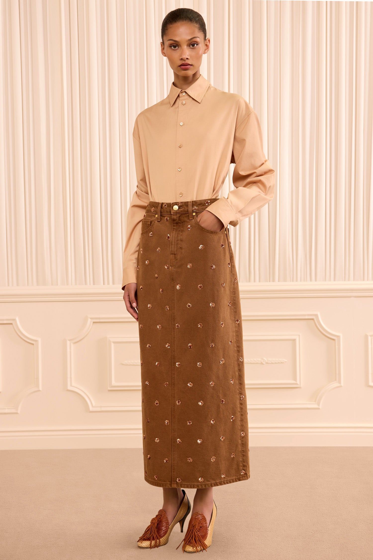 Ulla Johnson The Verona Embellished Denim Skirt - Embellished Umber