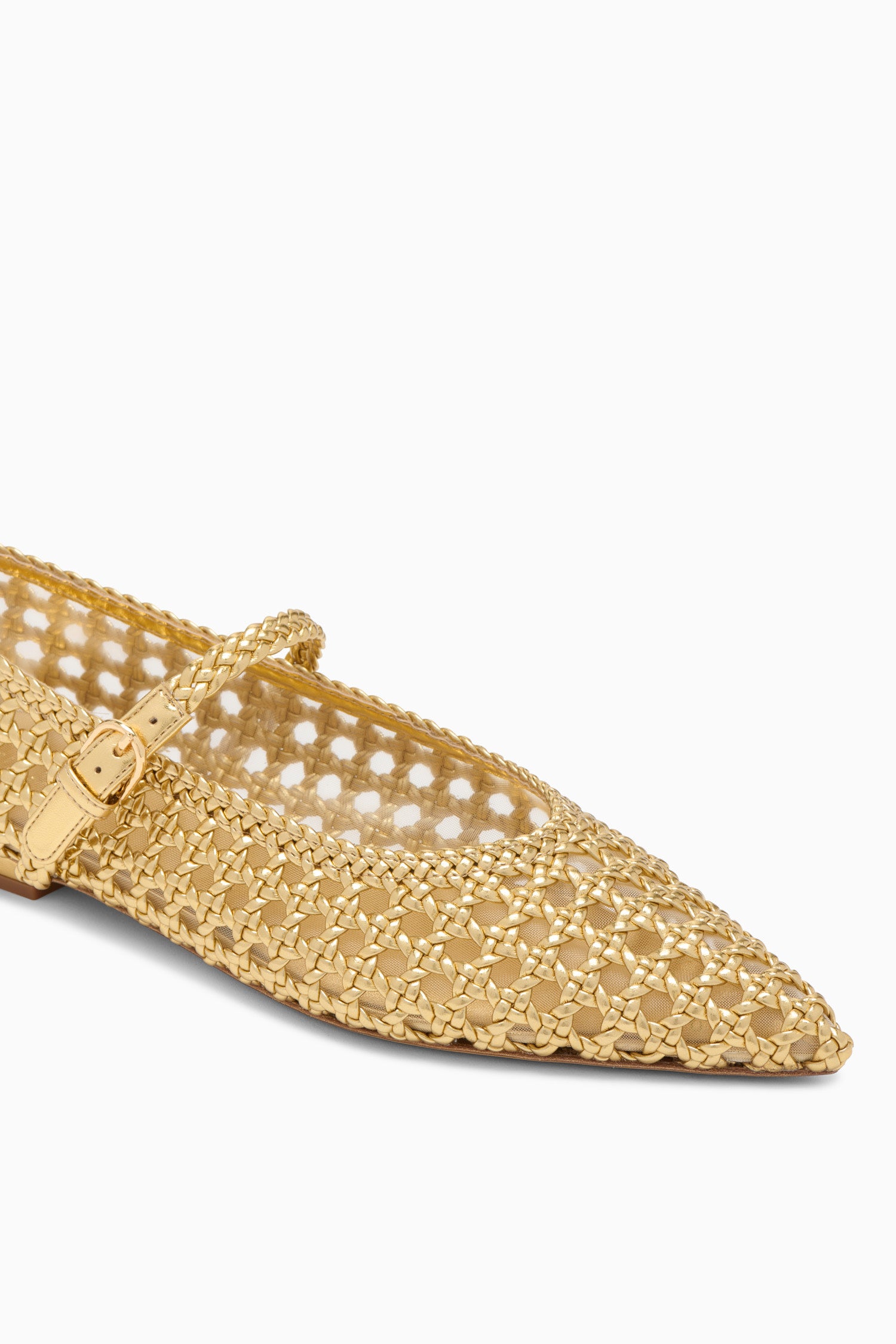 Gold Woven Pointed Toe Flat - Front Detail View | Ulla Johnson