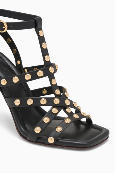 Black Leather Bijou Heels - Gold Stud Detail Close Up | Ulla Johnson