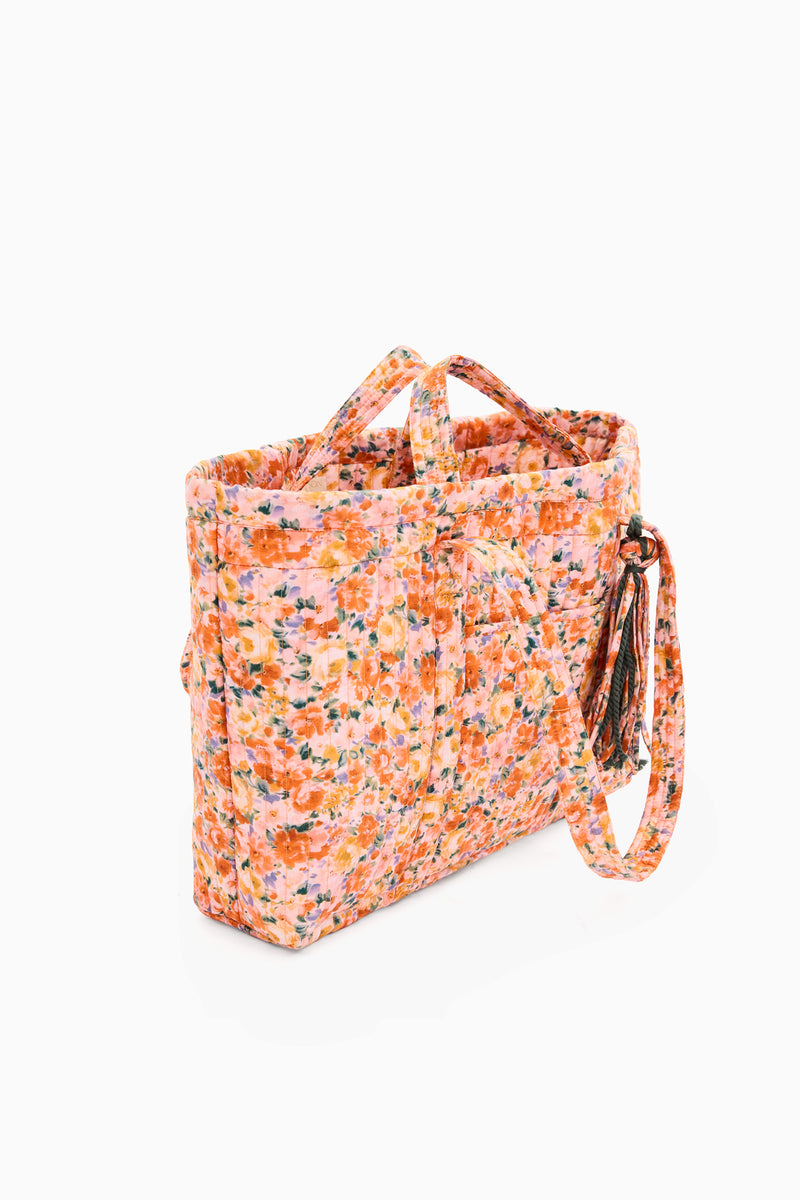 Kali East West Tote - Begonia Pink Floral Print Quilted Cotton