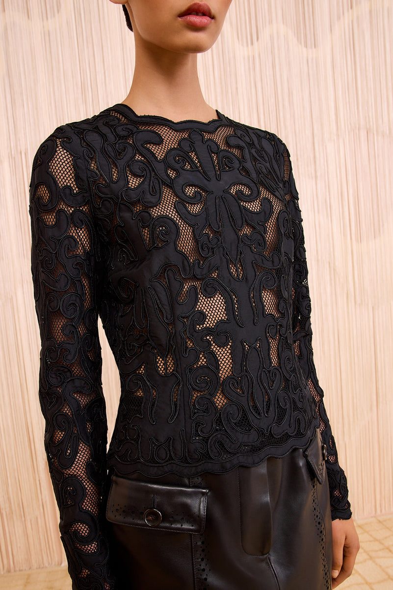 Ursa Applique Long Sleeve Top - Noir Black Victorian Mesh Appliqué